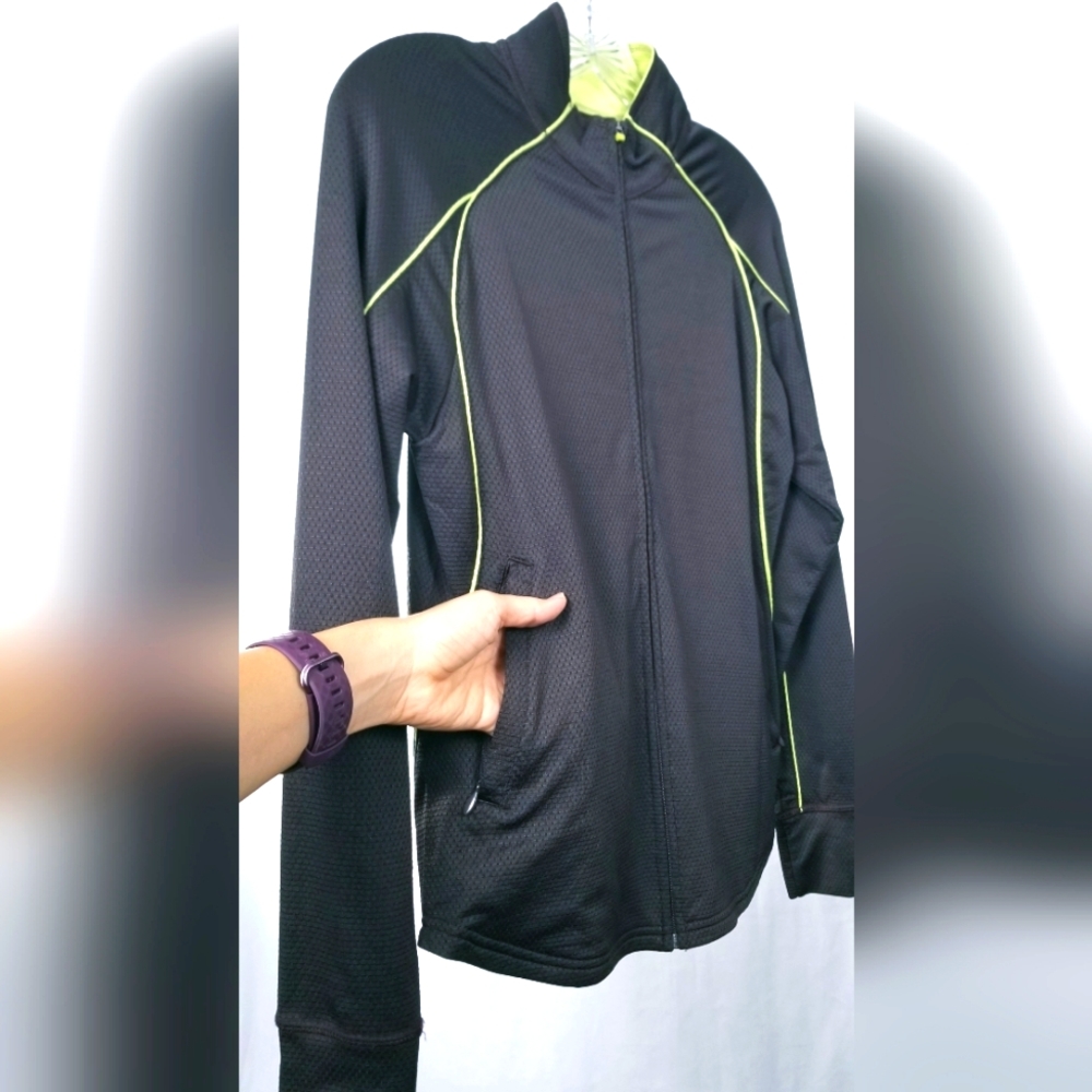 Black with Neon Zip Up Moisture Wicking Long Sleeve Athletic Top Russell Size S